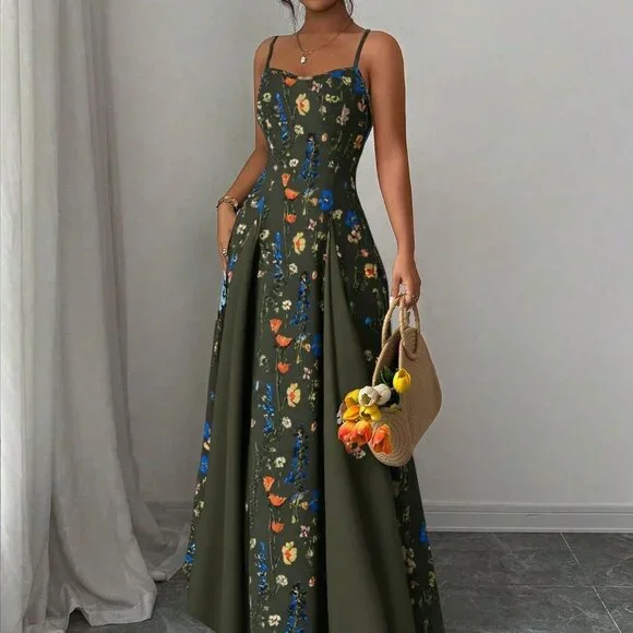 Army Green Boho Women's Elegant Floral Sleeveless Dress - Picture 5 of 5